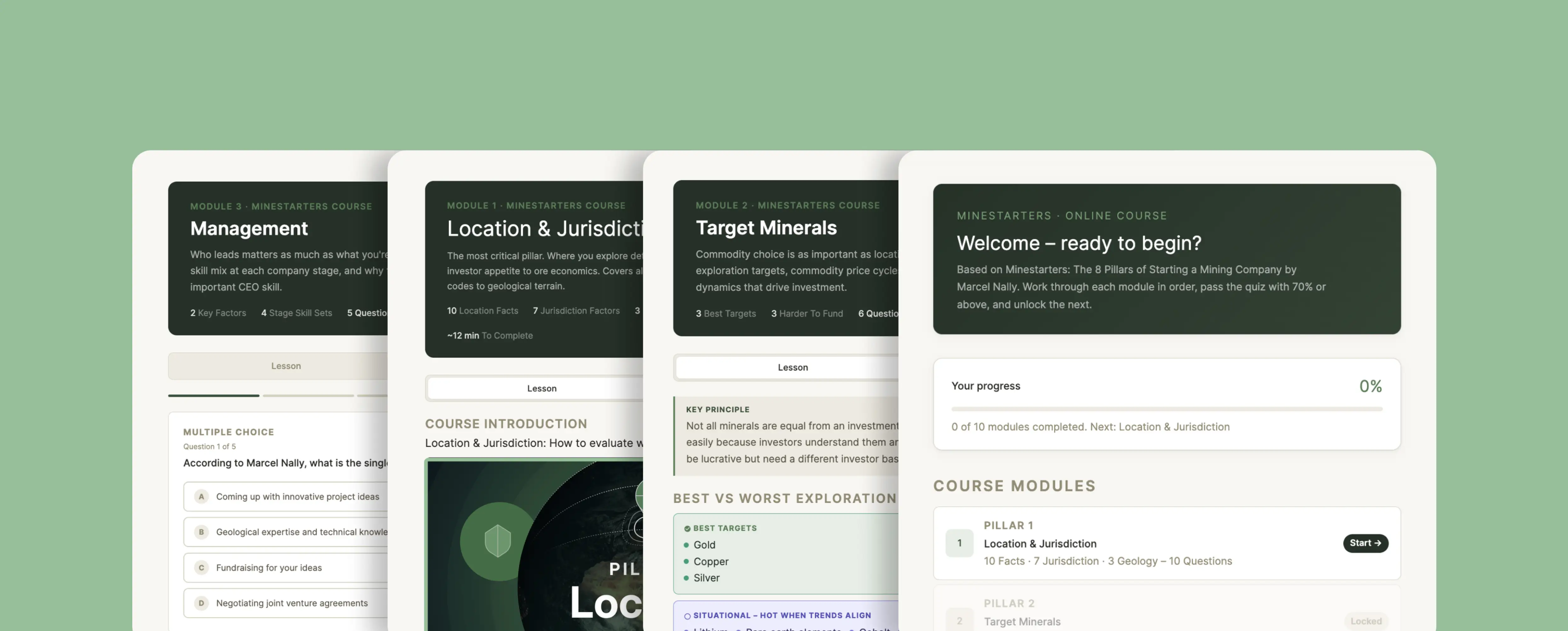 Interactive Minestarters mining course interface